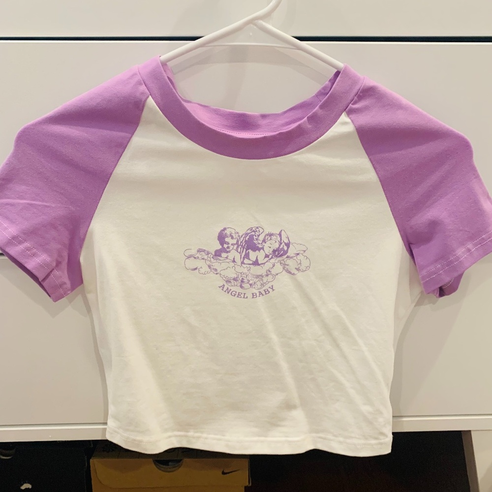 Size XS Purple and White "Angle Baby" Baseball Style Short Sleeve Cropped Tee